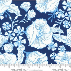 New arrival from Kate Spain for Moda - from the Sunflowers My Heart collection, this lovely dark blue and white large floral is beautiful,.