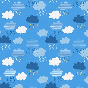 Over The Rainbow Clouds by Ampersand Designs for Paintbrush Studios has many shades of blue clouds with colorful raindrops - kids or adults!