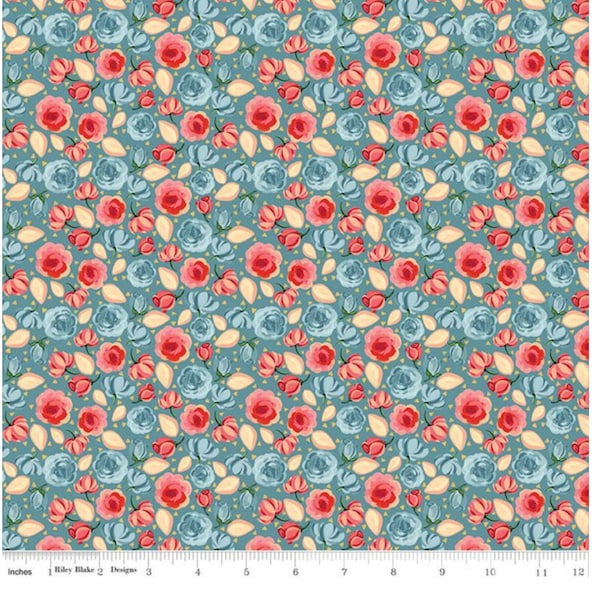 New Release! Mon Cheri by Lila Tueller for Riley Blake. This print features pink roses on a background called lake. Beautiful..