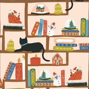 Christmas Shelves Fabric: Holiday Books, Cats, and Snow Globes