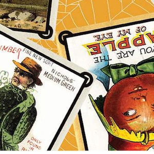 May include: A collection of vintage-style fruit and vegetable labels. One label features a man in a hat with the text "Cucumber Fine New Sort Medium Green". Another label says "You Are The Apple of My Eye" with a red apple illustration.