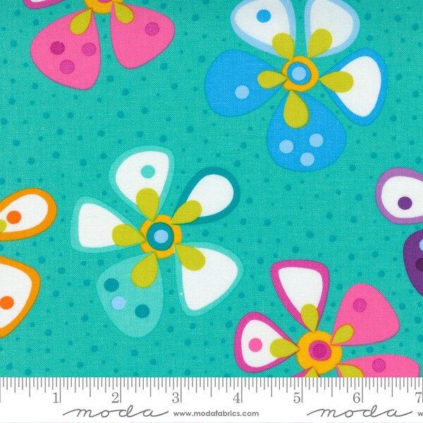 Large fun multi-color flowers on an awesome aqua fabric reminiscent of the 60s-70s. Contains orange red purple green and blue. From Moda.