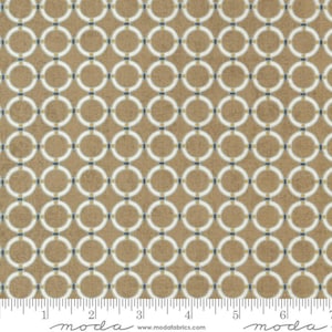 May include: Beige fabric with a repeating pattern of white circles with a thin blue outline and a small yellow dot in the center. The circles are connected to form a chain-like pattern.