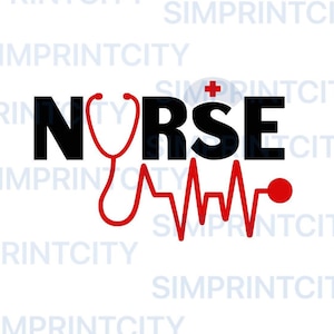 Peut inclure: Graphique noir et rouge avec le mot "NURSE". Le "U" est remplacé par un stéthoscope rouge. Une ligne de battement de cœur rouge et une croix rouge sont également incluses. Fond blanc.