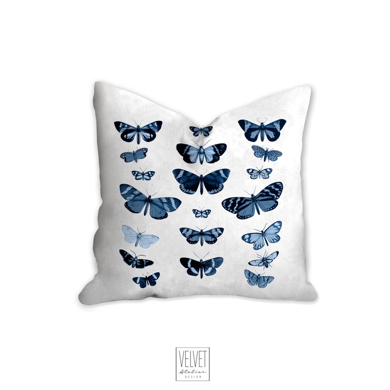 botanical pillow case blue pillow insect art pillow insert home decor pillow cover natural decor Butterflies pillow indigo