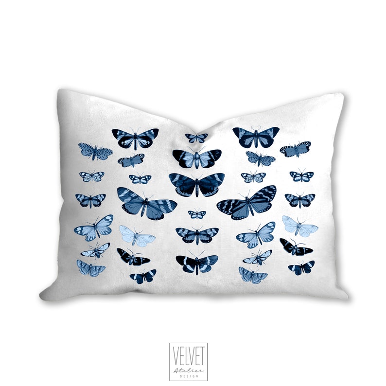 botanical pillow case blue pillow insect art pillow insert home decor pillow cover natural decor Butterflies pillow indigo