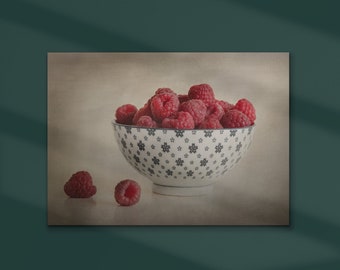 Raspberries in a bow still life art print, Fine art photography, Printable kitchen wall decor, Raspberries digital art, Instant download