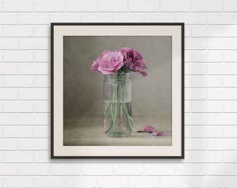 Pink flowers Photography, Pink Flowers in a Jar, Pink Flowers Art Print, Square Flower Print, Bedroom Flowers Print, Square Still Life,