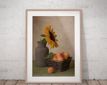 Still Life Photography, Apricots and Sunflower Print, Rustic Kitchen Decor, Instant Download