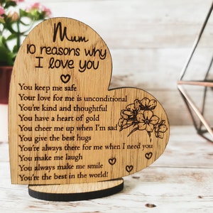 Personalised Wood Heart Stand Up Plaque 10 Reasons I Love You Design Mothers Day Gifts Mum