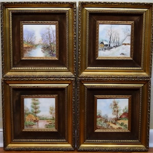 FOUR SEASONS  Plaque Set, Porcelain Paintings By M. Singer, Spring, Summer, Winter, Autumn, Trees, Snow, Rare Paintings, One Of Kind Artwork