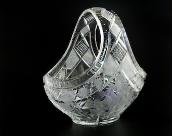 Vintage Etched Floral Glass Basket - Diamond Cut Design