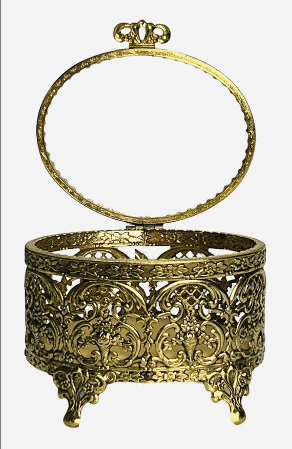 Vintage French Ormolu Filigree Brass Jewelry Box - image 2