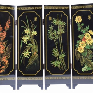 Floral Folding Screen Panels, Chinese Black Lacquer Partition Panel, Internal Sliding Partition wall, 4 Panel Folding Screen Room Divider