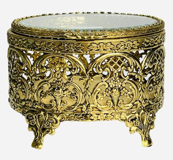 Vintage French Ormolu Filigree Brass Jewelry Box - image 1