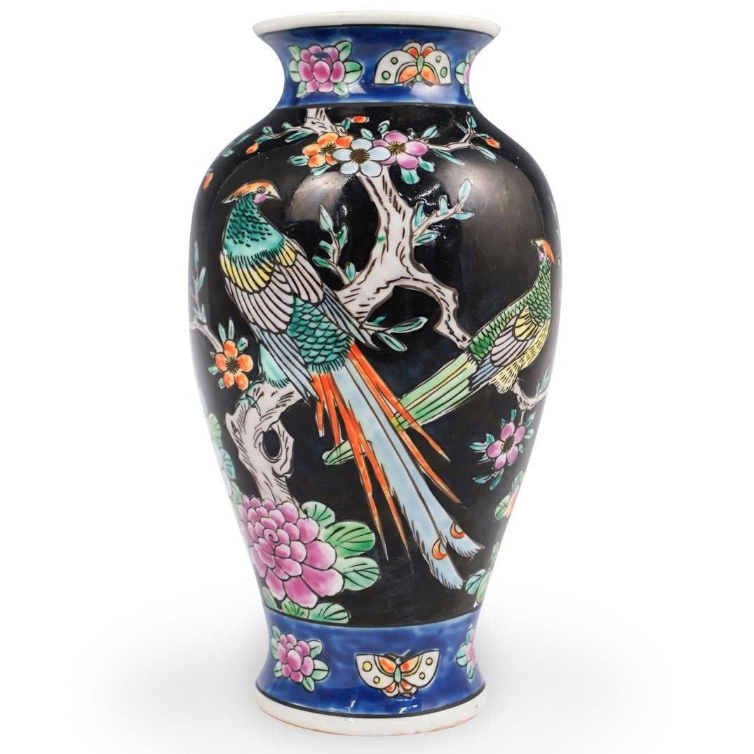 Vase-japanese Glazed Porcelain Vase With Floral and Pheasant Motifs 