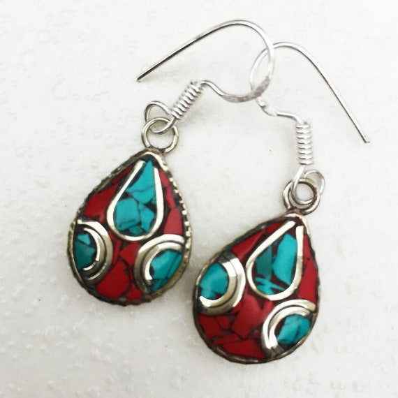 Coral Turquoise Native Tribal Ethnic Jewelry Tibet Tibetan   Handmade 925 Sterling Silver Earrings Jewelry RG 10282