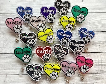 Paw print heart retractable pinch clip badge reel