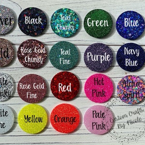 May include: Assortment of glitter colours in small round containers. Colours include silver, black, teal, green, blue, gold, rose gold, purple, navy blue, white, red, hot pink, aloha spirit, yellow, orange, and pale pink.