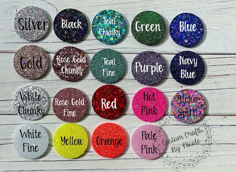 May include: Assortment of glitter colours in small round containers. Colours include silver, black, teal, green, blue, gold, rose gold, purple, navy blue, white, red, hot pink, aloha spirit, yellow, orange, and pale pink.