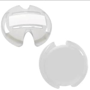 May include: Two white plastic covers for a round object. One cover has a slot with a white label. The other cover is solid.