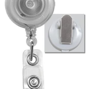 May include: A clear plastic retractable badge holder with a silver clip and a clear plastic strap. The badge holder has a spring-loaded mechanism that allows the strap to extend and retract.