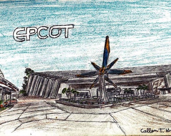 Könnte beinhalten: Eine handgezeichnete Illustration von Epcot, einem Themenpark in Orlando, Florida. Die Zeichnung zeigt ein großes Gebäude mit einem markanten sternförmigen Bauwerk davor. Der Himmel ist blau und im Hintergrund befinden sich Bäume.
