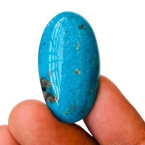 May include: A smooth, oval-shaped turquoise cabochon with a bright blue color and dark brown matrix inclusions.