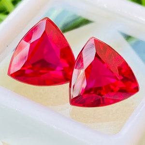 May include: Two bright red, triangular-cut gemstones are presented in a white, square container. The gems have a faceted surface, reflecting light and highlighting their rich colour. The container rests on white foam, with green grass visible in the background.