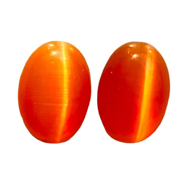 100% Natural Orange Pair Cat Eye Gemstone Forme Ronde Excellent Gemstone Naturel Taille-14x10x5 MM Carat-12.35 et (cadeau supplémentaire)