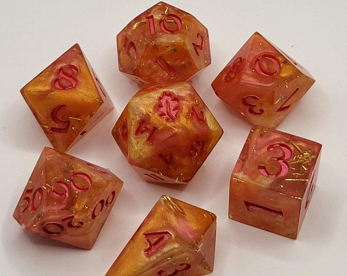 Honeyed Firestorm - Handmade 7-Piece Sharp Edge Resin Dice Set