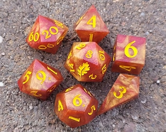 Sunfire - Handmade 7-Piece Sharp Edge Resin Dice Set