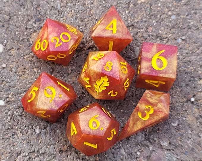 Sunfire - Handmade 7-Piece Sharp Edge Resin Dice Set