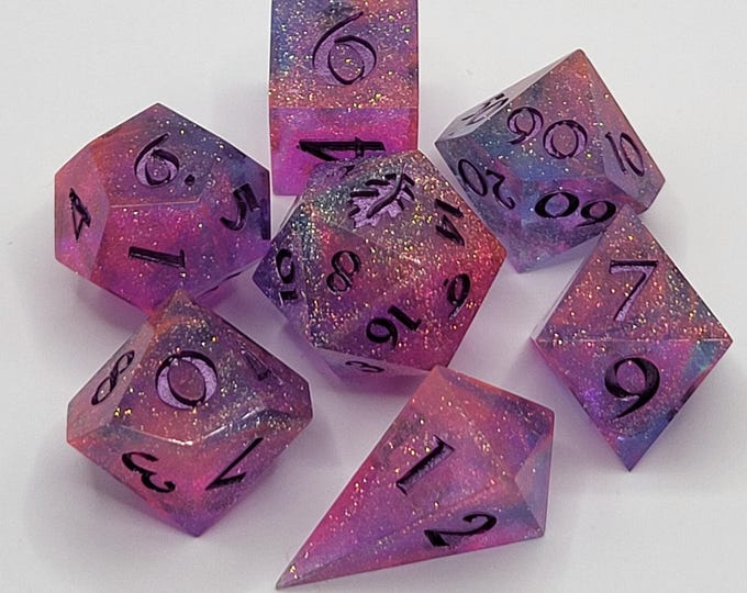 Stardust Cascade - Handmade 7-Piece Sharp Edge Resin Dice Set