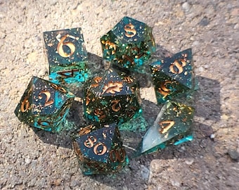 Gilded Abyss - Handmade 7-Piece Sharp Edge Resin Dice Set