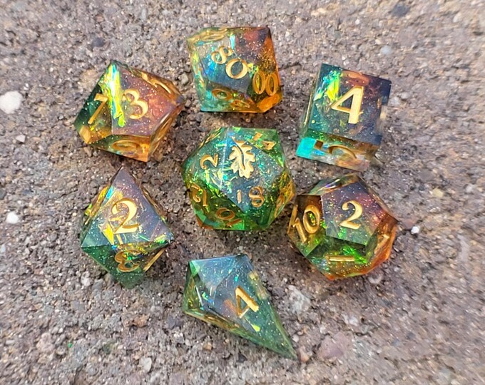 Solar Bloom - Handmade 7-Piece Sharp Edge Resin Dice Set