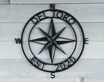 Compass Rose Established Family Name Sign Wood Custom Door Hanger Nautical Wall Decor Housewarming Gift Sign Large Coastal Wall Decor Wooden