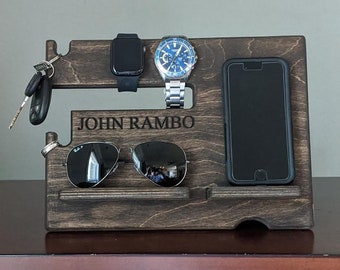 Custom Wood Docking Station Valet Tray Cell Phone Stand Bedside Caddy Glasses Holder Organizer for Men Personalized Boyfriend Gift for Him