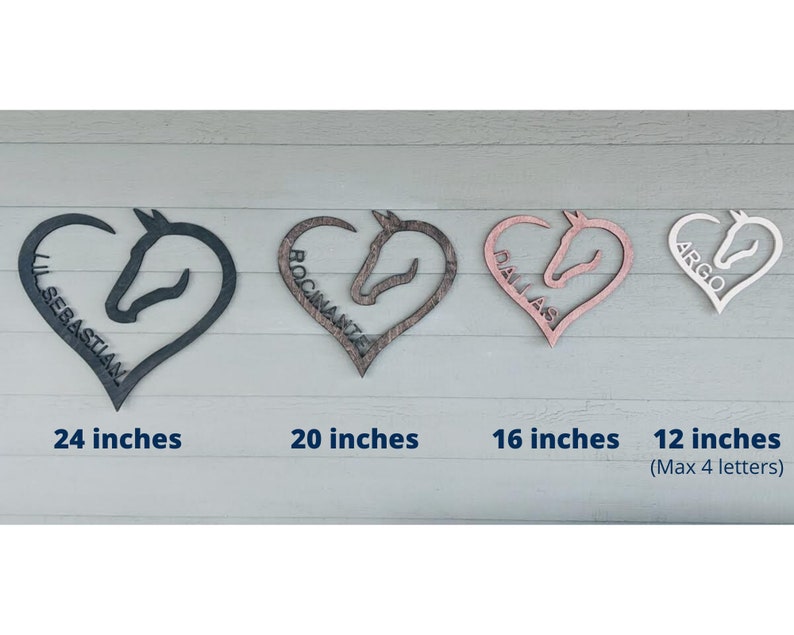 May include: Four wooden horse head heart-shaped signs in different sizes and colors. The signs are 24 inches, 20 inches, 16 inches, and 12 inches. The signs are personalized with the names "Lil Sebastian", "Rocmanite", "Dallas", and "Argo".