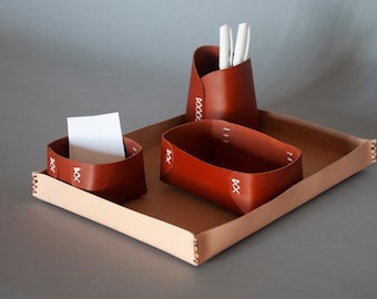 4 piece minimalist desk organizer set, office organizer set, stationary organizer set, leather pen holder, leather tray