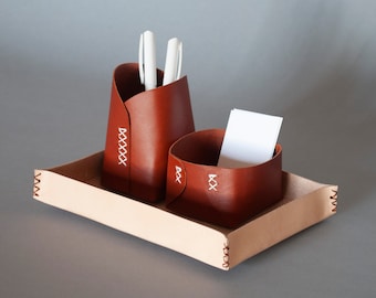 3 piece minimalist desk organizer set, office organizer set, stationary organizer set, leather pen holder, leather tray