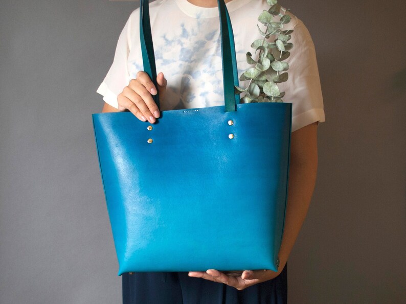 Blue Leather Tote Bag With Inside Pocket Minimalistic Ombré - Etsy