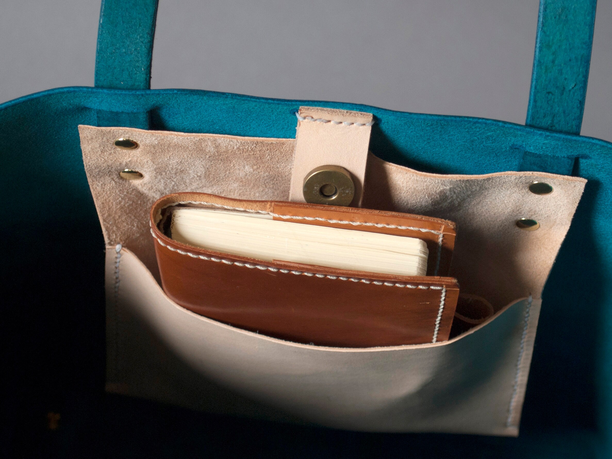 Blue Leather Tote Bag With Inside Pocket, Minimalistic Ombré Large Tote ...