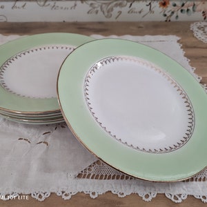 Set of 6 L'Amandinoise flat plates with water green marli and gold frieze image 1