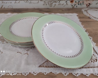 Lot de 6 assiettes plates L'Amandinoise marli vert d'eau et frise dorée