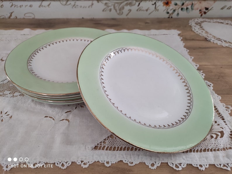 Lot de 6 assiettes plates L'Amandinoise marli vert d'eau et frise dorée image 1