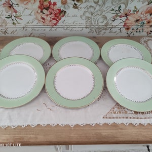 Set of 6 L'Amandinoise flat plates with water green marli and gold frieze image 2