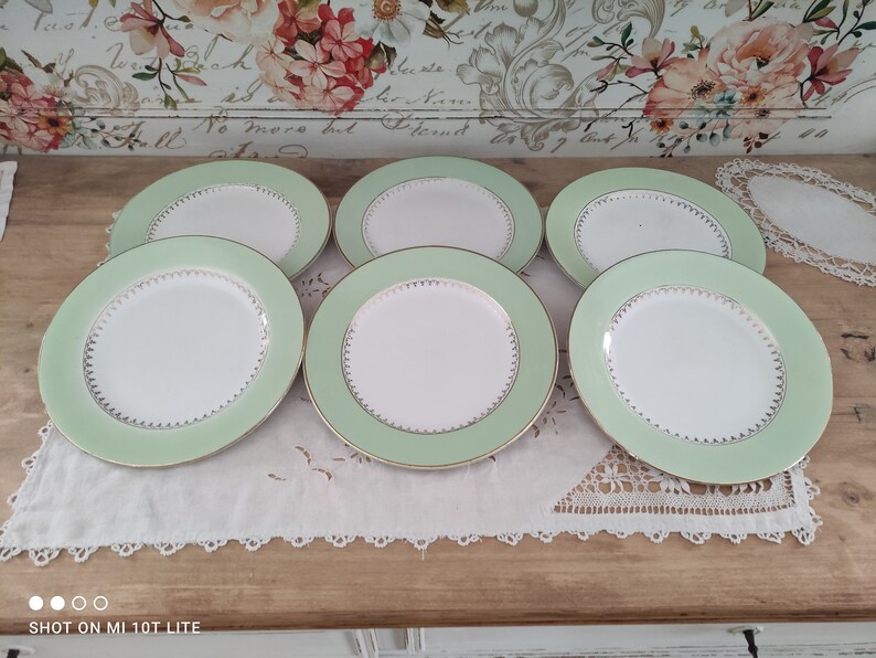 Set of 6 L'Amandinoise flat plates with water green marli and gold frieze image 2