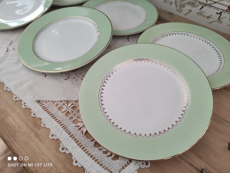 Set of 6 L'Amandinoise flat plates with water green marli and gold frieze image 4