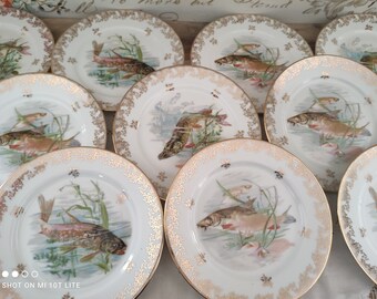 Lot de 12 assiettes à dessert en porcelaine de Limoges décor poissons d'eau douce